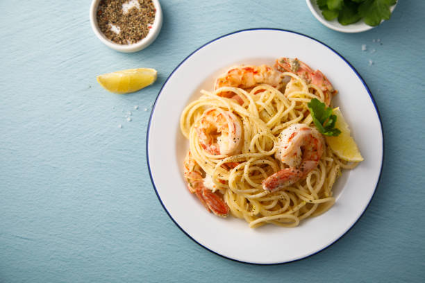 Spaghetti with shrimps stock photo