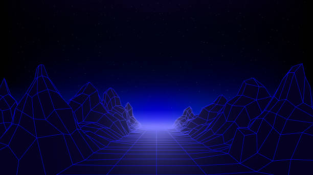 istock Retro futuristic laser, neon grid background. Synthwave 80s style, neon color. Starry sky background, mesh, grid floor, mountain. Futuristic 3d dark blue backdrop, geometric sci-fi template. Vector 2189359257
