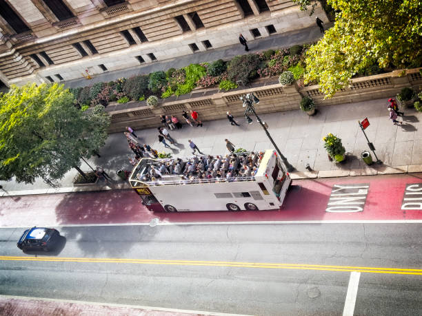 New York City, NY, USA - Sep 19 2024: Looking down on a street with Tourist bus in New York city