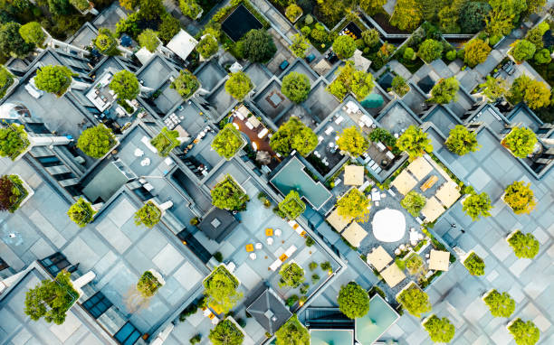 istock Aerial view of modern city streets covered with greenery 2189361564