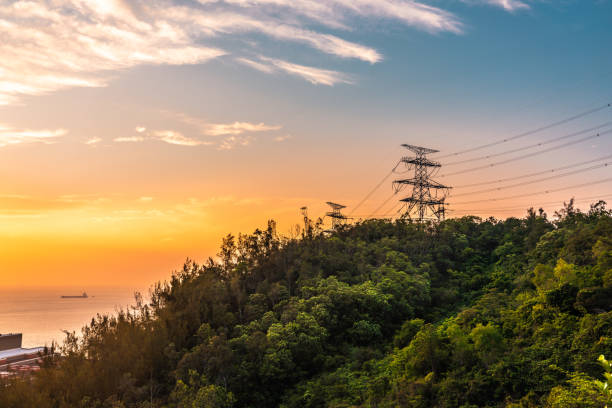 Electric high voltage tower with electric line