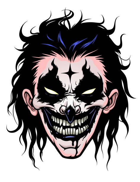Crazy clown ink illustration Smiling face of a terrifying clown vector illustration. crazy clown tattoos drawings stock illustrations