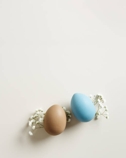 istock Pastel Easter Eggs as minimal pattern with white blooming Flowers on beige color, top view colorful chicken egg. Easter celebration concept. Festive food, still life holiday, aesthetic flat lay 2189370290