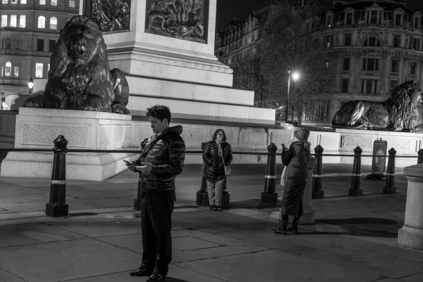 Trafalgar Square London, UK, November 2024: Night shot in Trafalgar Square with bronze statues of lions at the base of Nelson's column with tourists taking in the photographs in the foreground. three lions england stock pictures, royalty-free photos & images