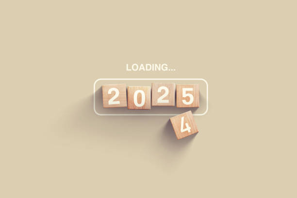 istock Wooden cubes 2025 loading on beige background. 5 replaced 4. New Year 2025, creative idea 2189373284