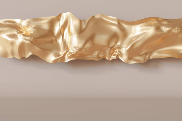 istock Empty scene with fluid golden abstract shape. Ideal for highlighting premium goods in a graceful and sophisticated manner. Copy space for product placement. Flying gold. 3D render. 2189374126