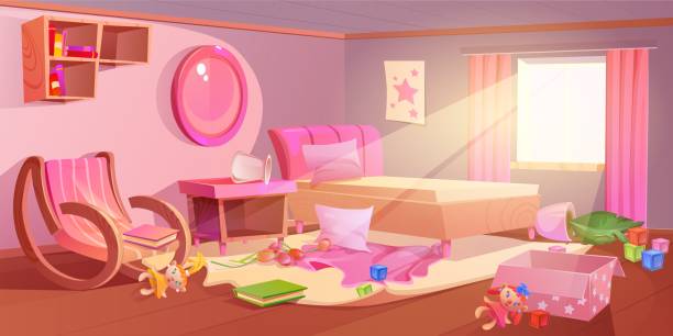 istock Messy children bedroom interior in pink colors 2189374790