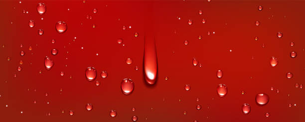 Red water droplet background. Cola drop on glass Red water droplet background. Cola drop texture on glass. Wet dew pattern on surface. Summer strawberry or cherry liquid splash for 3d bottle realistic wallpaper. Raspberry juice bubble bg design wet bottle stock illustrations