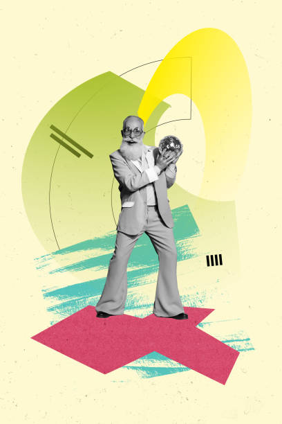 istock Creative photo collage artwork of cool mature aged elegant macho feel young holding disco ball in nightclub isolated on green background 2189377255