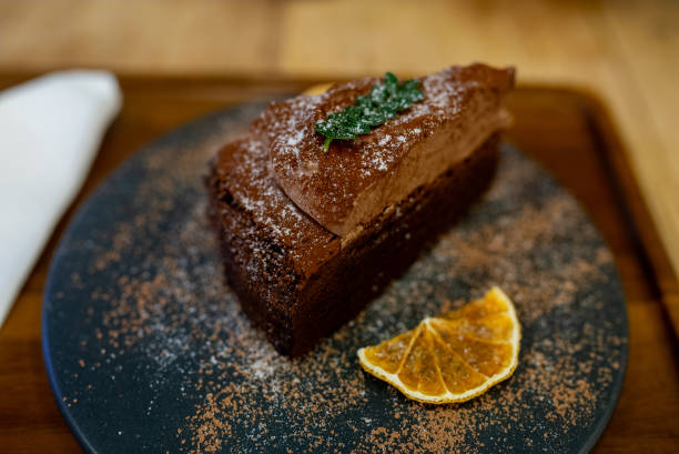 Chocolate cake on a blue vintage plate