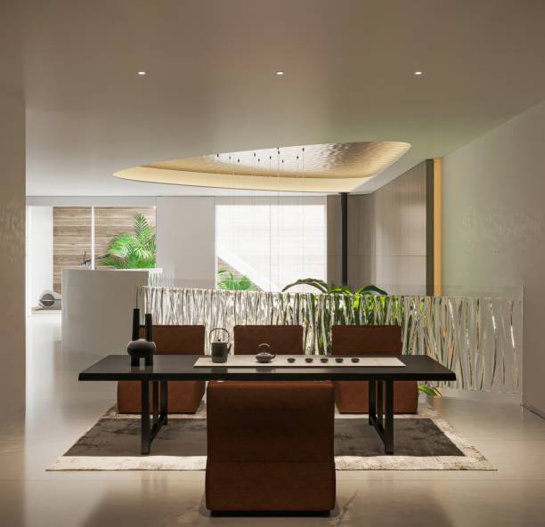 istock Modern Minimalist Tea Room with Elegant Lighting and Green Accents 2189377890