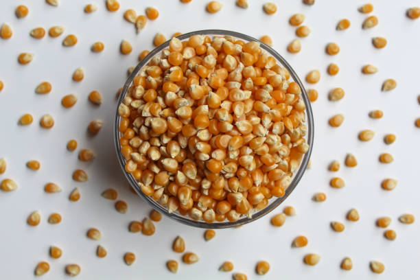 istock Dried corn kernels full in glass transparent bowl, isolated on white background, flat lay or top view 2189377928