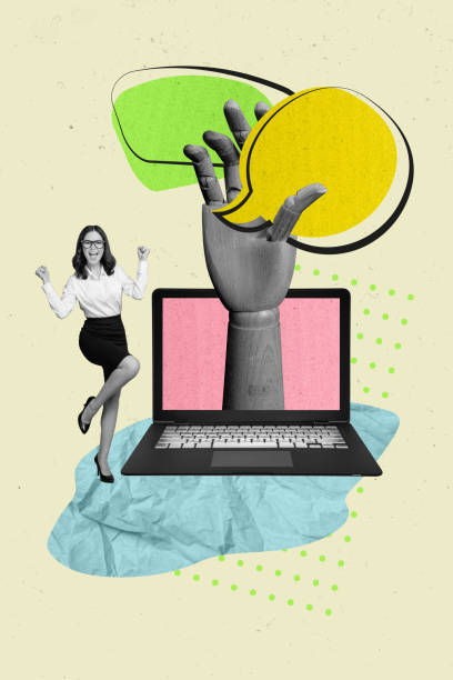 istock Vertical collage of office manager worker girl in formal wear celebrate new cms program chatting bubble clouds isolated on gray background 2189378050