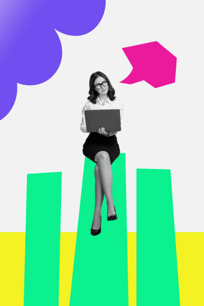 istock Vertical creative poster collage retro business lady thoughful browsing laptop sitting infographics columns progress success profit earnings 2189378074