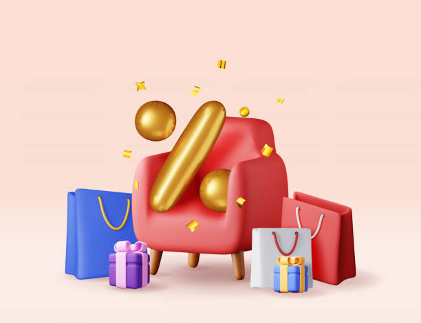 istock 3D shopping bag, percent sign on chair in confetti 2189379379