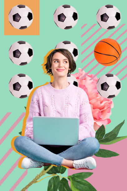 Creative vertical poster smiling cheerful young lady sit floor laptop computer internet user football basketball fan isolated diverse background