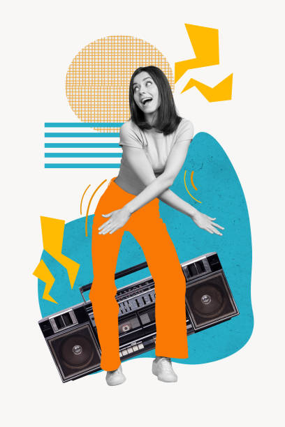 istock Creative vertical collage poster young stylish dancing lady sing song over tape player recorder boombox weekend positive joyful 2189382440