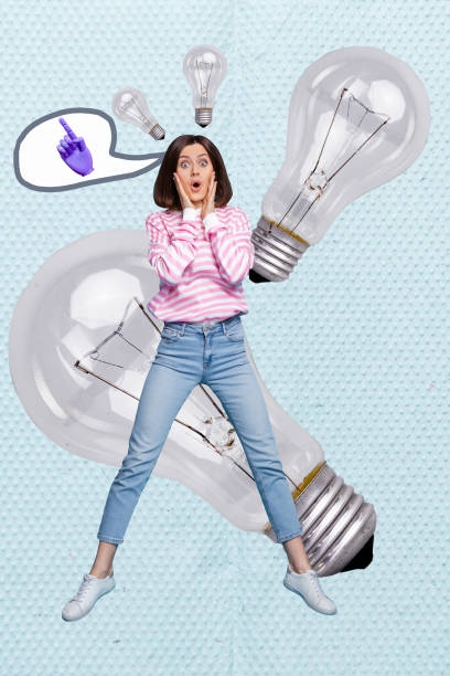 istock Vertical collage picture illustration shock thoughtful young lady hold face arms bulb electric surprise finger light blue background 2189382455