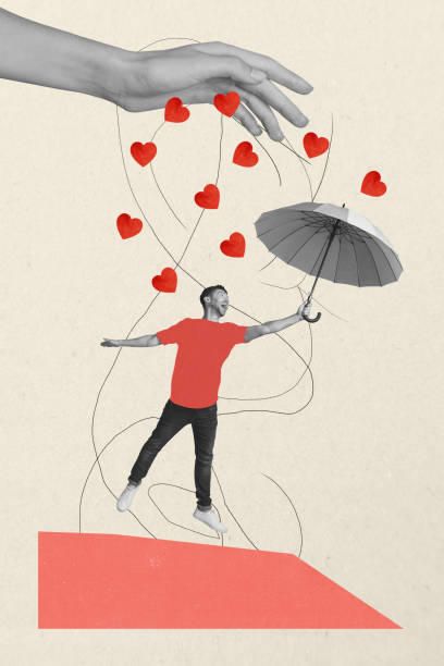 istock Vertical collage creative poster black white filter hand pour rain excited funky young man fly high wind umbrella beige background 2189383184
