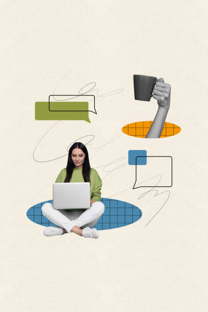istock Vertical illustration creative collage photo sitting business successful young lady browse laptop texting chatting arm cup break pause 2189383569