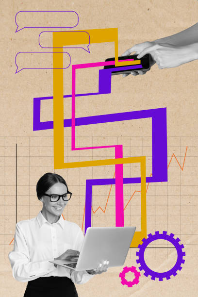 istock Creative poster collage banner of business lady using modern technology for discussing work project start up progress 2189383666