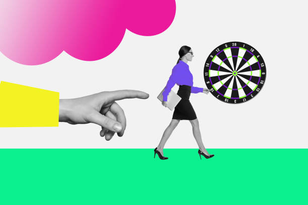 istock Collage poster banner image creative picture walking young business lady forward darts board success hit goal arm pointing 2189383724