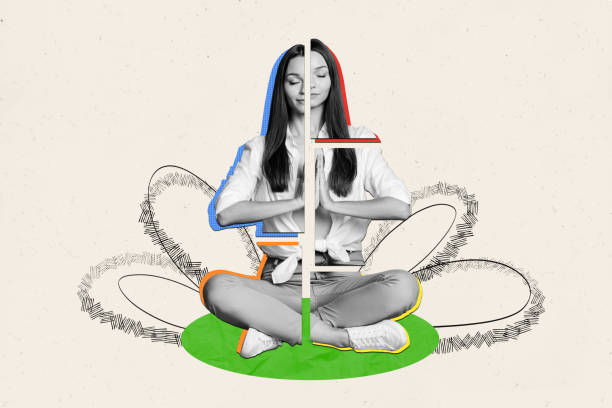 istock Creative collage picture illustration calm young girl meditating harmony planning concentration exercise white background 2189384503