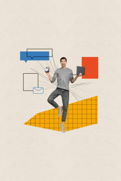 istock Creative vertical collage standing one leg pose young man successful manager business control hold laptop clock alarm 2189385169