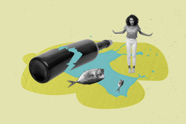 istock Collage image of mini impressed black white effect girl big broken bottle spill water dead piranha fish isolated on green background 2189385332
