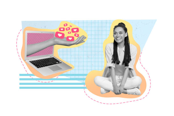istock Creative vertical collage poster pretty smiling black white young lady sit floor huge arm hold many hearts icons laptop screen 2189385358
