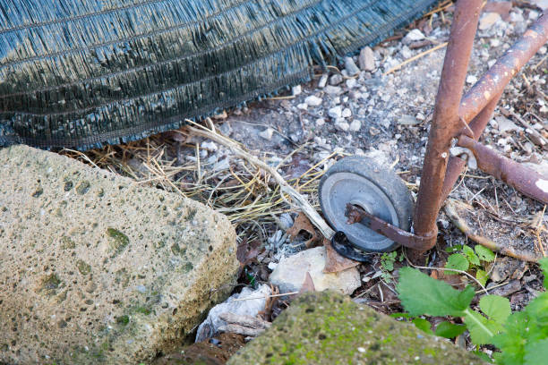 istock A wornout tire is laying on the ground next to some scattered rocks 2189385568
