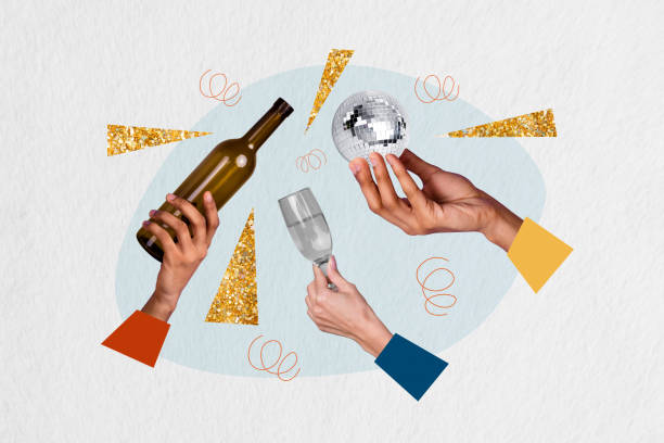 istock Creative banner template collage champagne bottle pouring beverage alcohol into glass during shining discoball isolated on white background 2189385697