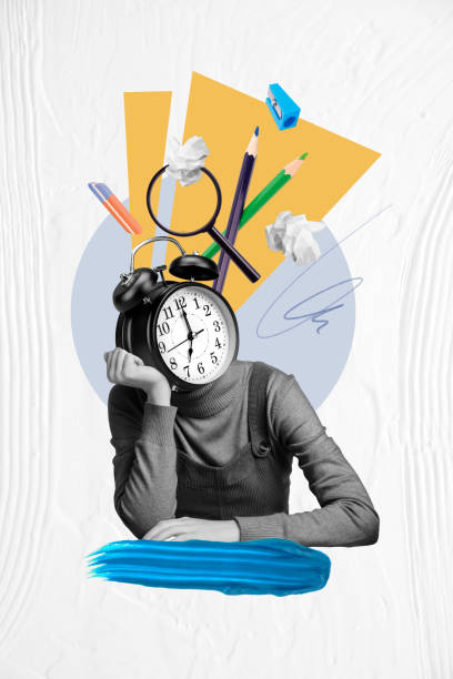 Vertical creative surreal photo collage young student pupil school girl headless bored think of supplies ruler pencil alarm clock study learn on drawing background