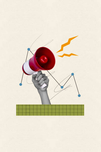 istock Vertical creative surreal photo collage of hand holding loud speaker megaphone doodle drawing on beige background 2189385719