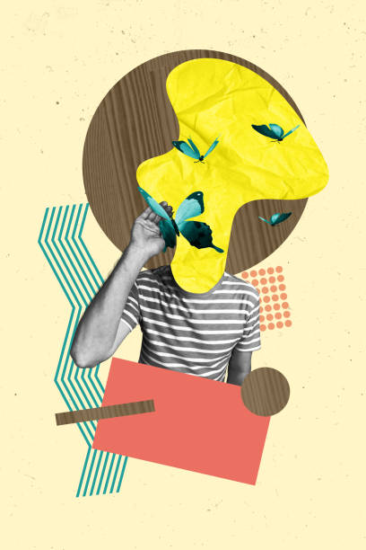 istock Vertical exclusive collage image surreal illustration of headless man yellow brush catching flying butterflies isolated on drawn background 2189386870