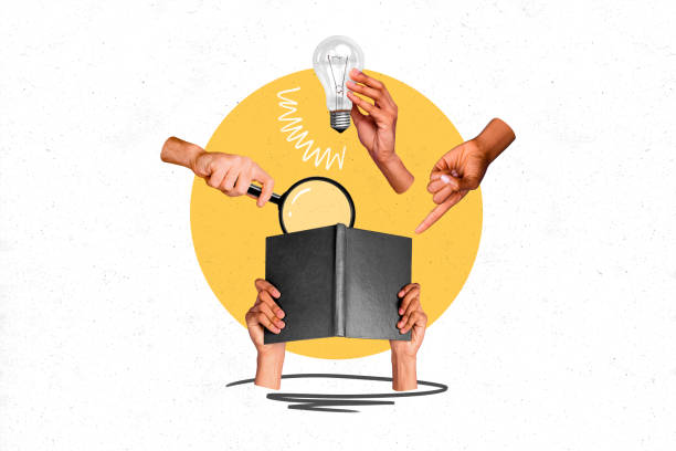 istock Collage image sketch book notebook hands hold magnifying glass lightbulb point fingers gesture surrealism white background 2189387826