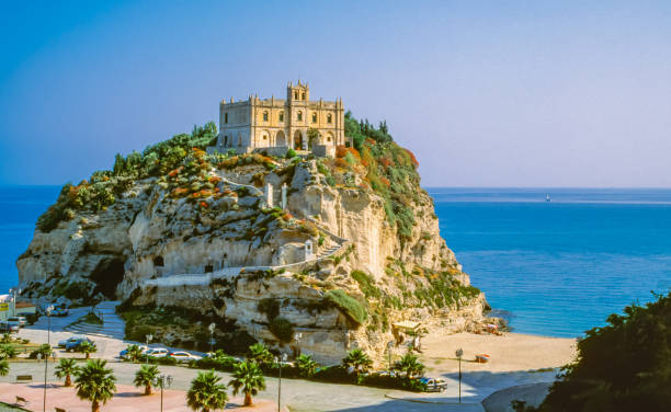 Italy, Tropea, view from the town of the church of Madonna Dell'Isola founded in the early Middle Ages as a Benedictine monastery