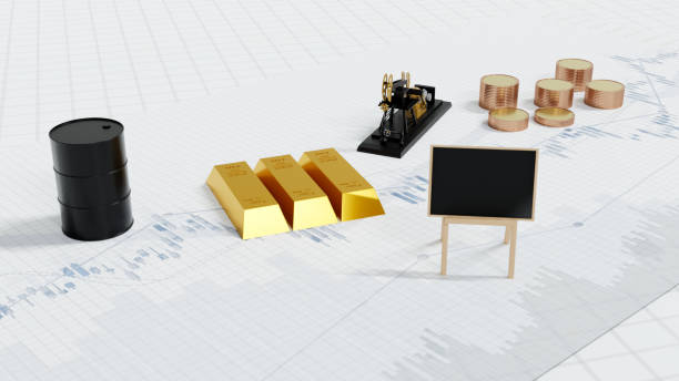 istock Stock market concept. various objects representing different asset classes. Crude oil, Oil rig ,gold bar ,gold coins cryptocurrency and blank blackboard on stock market in paper background. 3d render. 2189395809