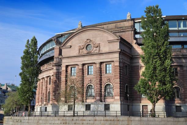 Riksdag (Parliament of Sweden) building in Stockholm. Sunset light. Government architecture.