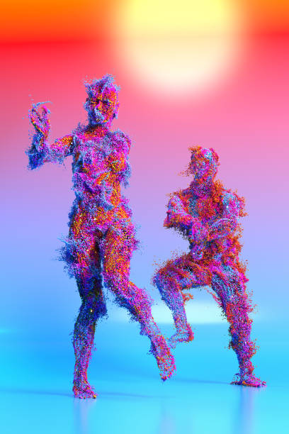 Lots of  multi-colored globules and bubbles forms female and male human figures. Man and woman are dancing. A three dimensional digitally generated picture