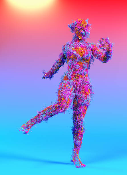 Lots of  multi-colored globules and bubbles forms female human figure. A woman is dancing. A three dimensional digitally generated picture