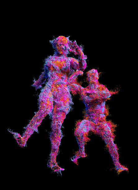 Lots of  multi-colored globules and bubbles forms female and male human figures. Man and woman are dancing. A three dimensional digitally generated picture