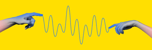 istock Two hands reaching out, connected by a wave-like line, symbolizing music, communication and connection. Contemporary art collage. 2189401536