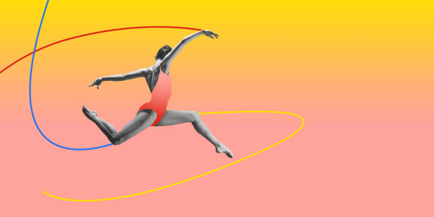 istock Female dancer mid-jump with colorful lines representing movement and energy on gradient background. Contemporary art collage. 2189401543