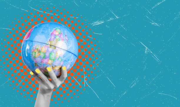 istock Modern art collage featuring a hand with the globe on a blue background with copy space. 2189402877