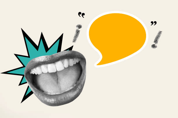 istock Woman open mouth with orange speech bubbles with exclamations marks 2189405166