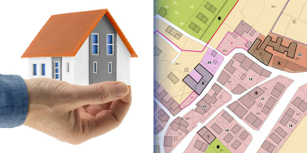 Real Estate concept with home model and imaginary cadastral map and General Urban Planning with zoning regulations Real Estate concept with home model and imaginary cadastral map and General Urban Planning with zoning regulations. planning zoning stock pictures, royalty-free photos & images