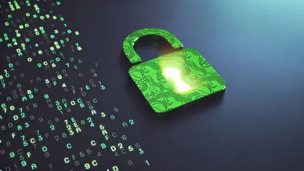 Photo of Simple IT security concept with a green digital padlock and binary data