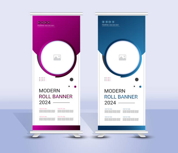 illustrazioni stock, clip art, cartoni animati e icone di tendenza di moderno design del modello di banner arrotolabile blu e viola - banner roll up