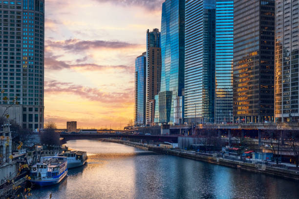 istock Skyscrapers and River of Chicago While Sunrising 2189414028